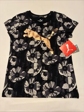 Puma Black Floral Short Sleeve Tee with Gold Logo